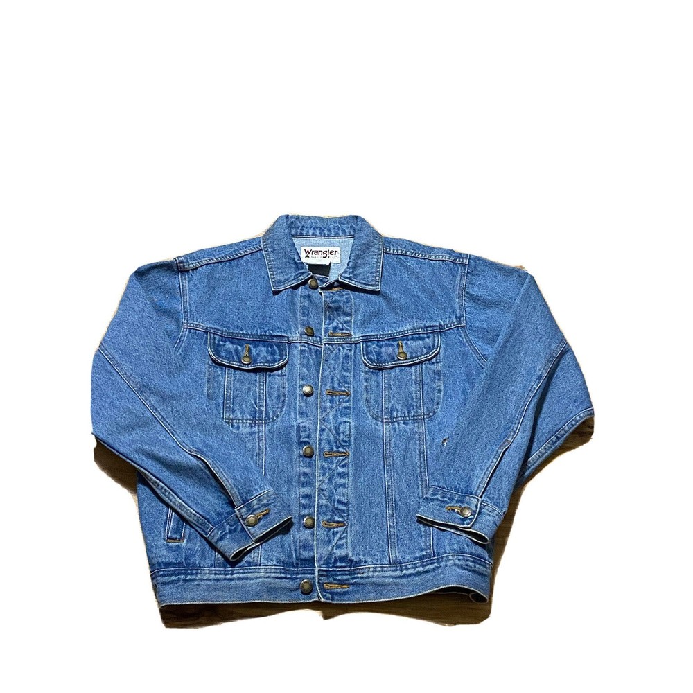 Vtg Wrangler Rugged Wear Unisex Sz M Blue Jean Denim Jacket Coat Heavy Denim EUC